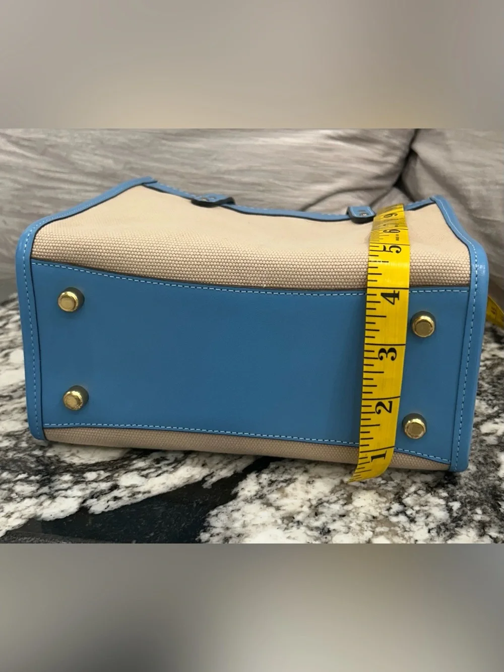 Coach Beige Canvas Tote with Sky Blue Leather Trim